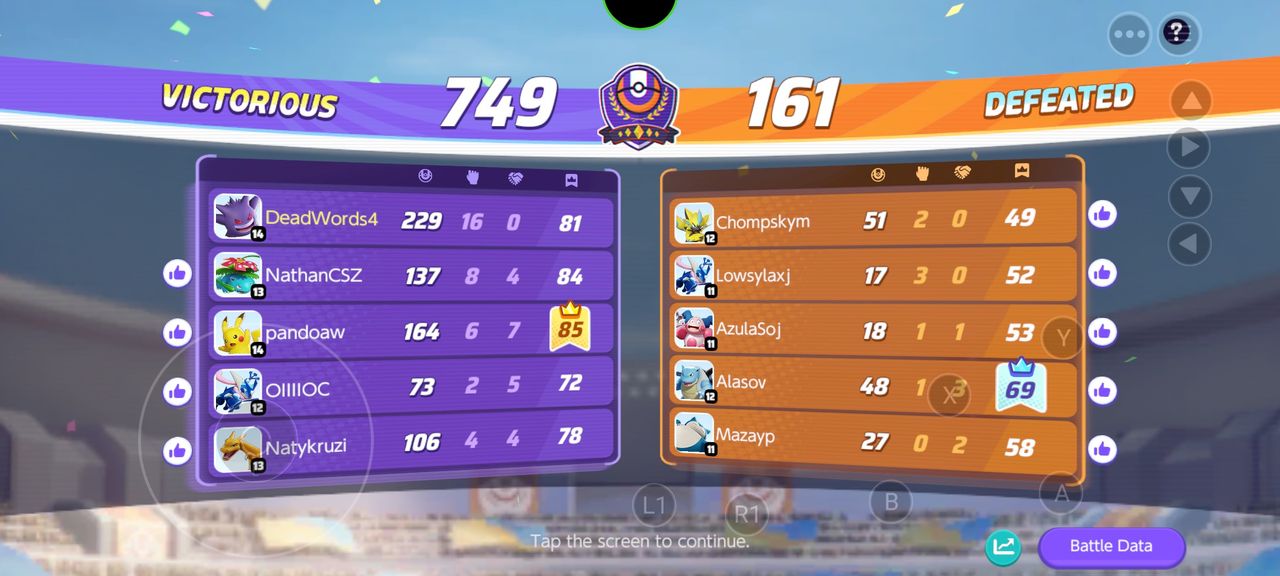 Screenshot of game results from Pokemon Unite on the Razer Edge.