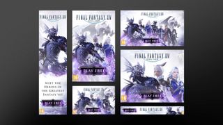 A series of online advertisements for Final Fantasy XIV, showing characters in different configurations