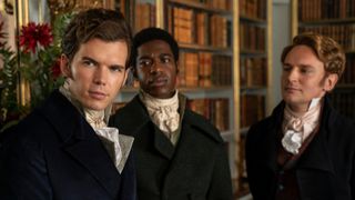 Luke Newton as Colin Bridgerton, Jorden Myrie as Lord Stanton, Joe Barnes as Lord Wilding in episode 304 of Bridgerton