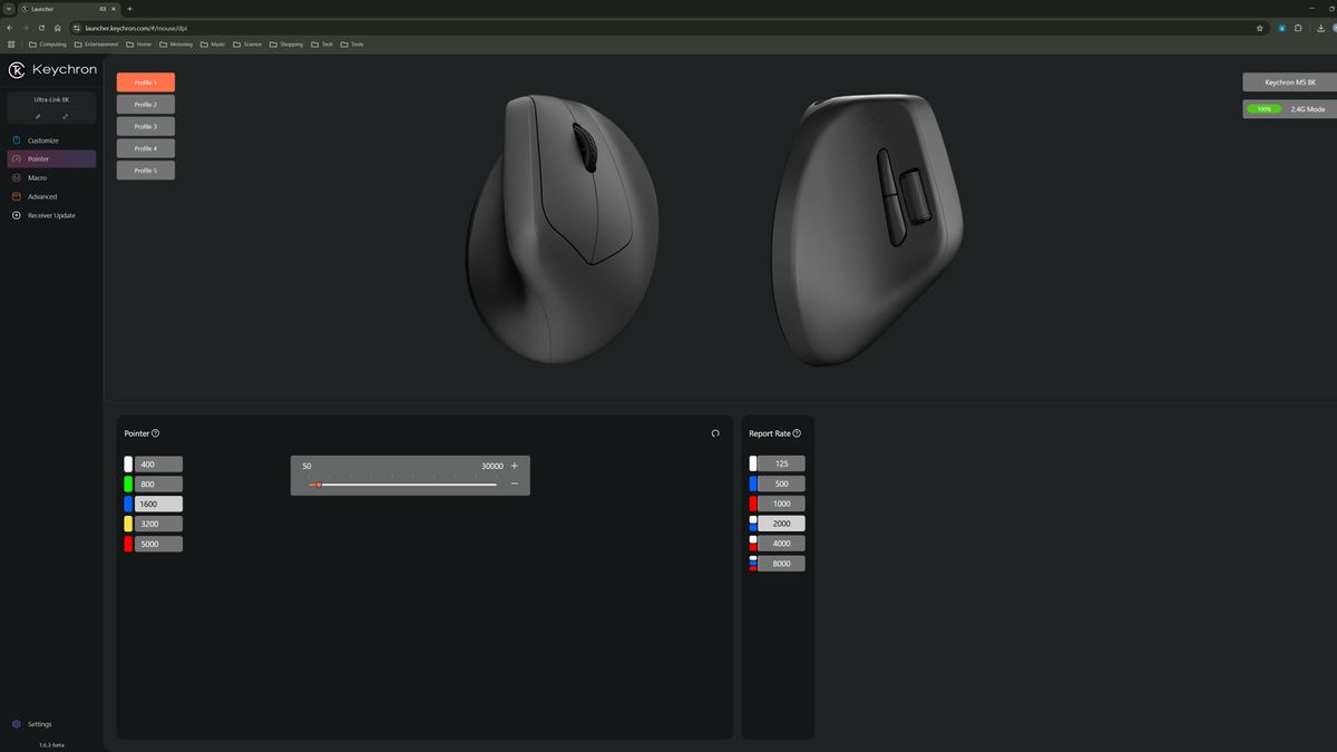 A screenshot of the Keychron Launcher, a web-based configuration tool for Keychron keyboards and mice