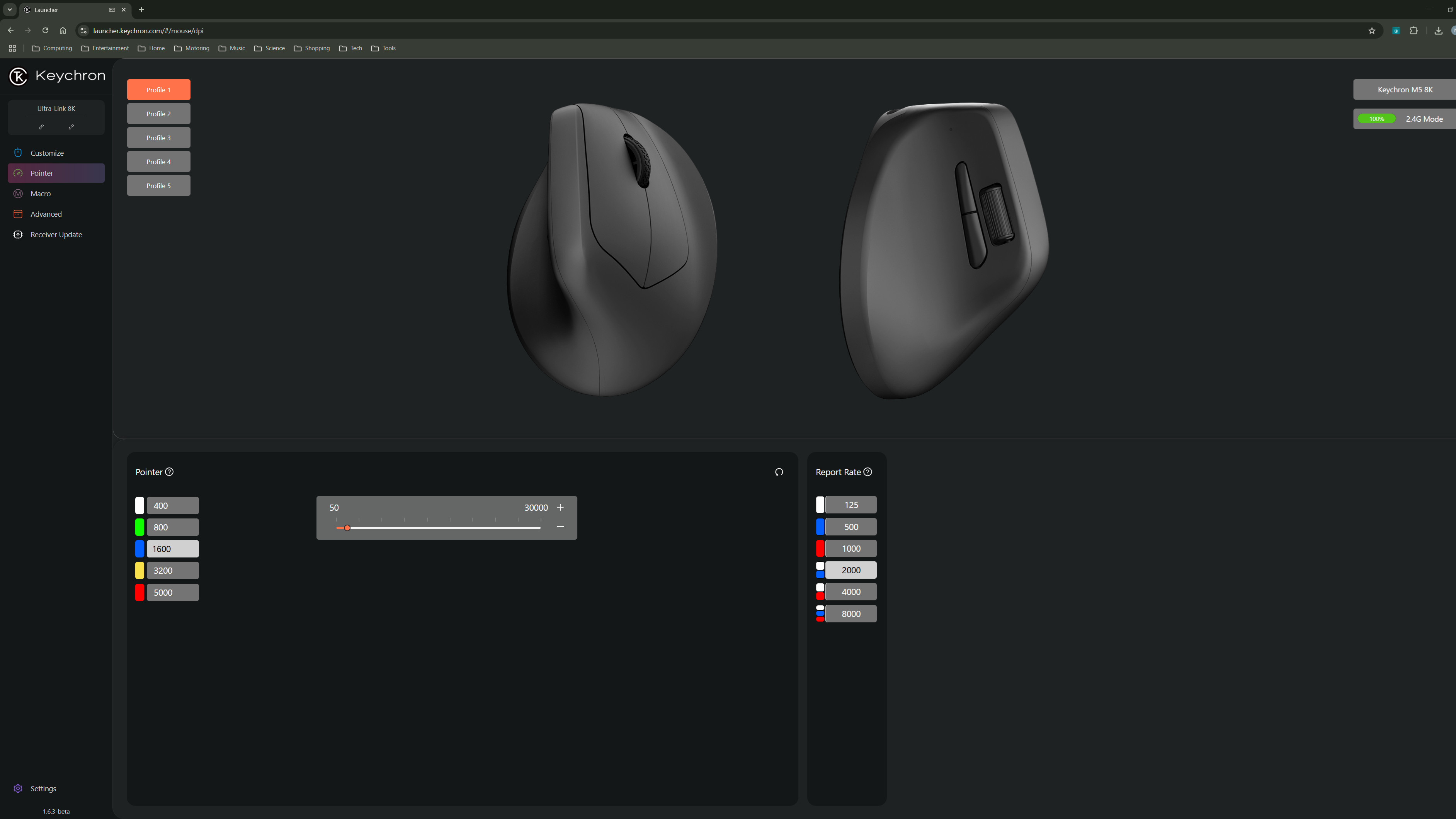 A screenshot of the Keychron Launcher, a web-based configuration tool for Keychron keyboards and mice