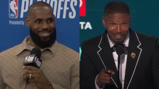 LeBron James gives a postgame interview on ESPN, and Jamie Foxx accepts the Ultimate Icon award at the 2025 BET Awards.