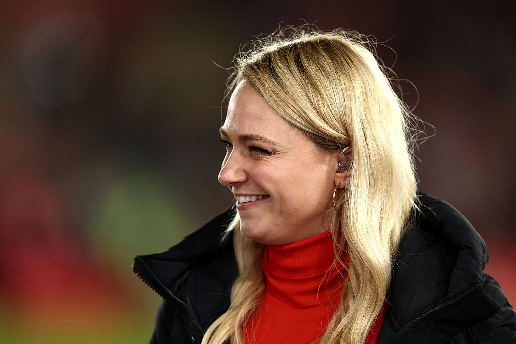 SOUTHAMPTON, ENGLAND - DECEMBER 02: ITV Sport presenter Katie Shanahan looks on after replacing Laura Woods prior to the Women&amp;amp;apos;s international friendly match between England and Ghana at St Mary&amp;amp;apos;s Stadium on December 02, 2025 in Southampton, England. (Photo by Naomi Baker - The FA/The FA via Getty Images)