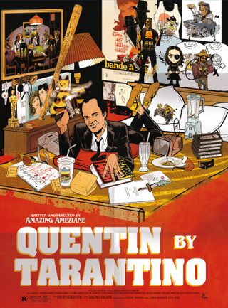 The full cover of Quentin By Tarantino. Tarantino lounges at his desk with a smoking gun.