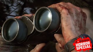 Kyle Crane looks through a pair of binoculars in Dying Light: The Beast, with the GR+ Horror Special badge