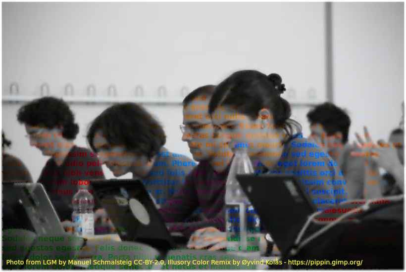 A seemingly coloured photo of people in a classroom