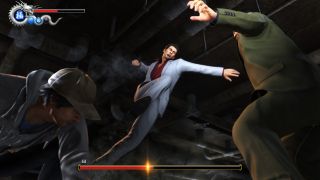 Kiryu jumps in to punch an adversary.