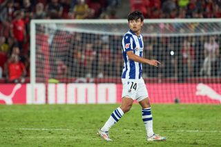 Takefusa Kubo of Real Sociedad looks on during the LaLiga match between RCD Mallorca and Real Sociedad at Estadi de Son Moix on September 17, 2024 in Mallorca, Spain.