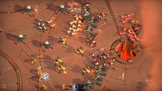 Mortars bombard a force of King Crabs in Battle Aces.
