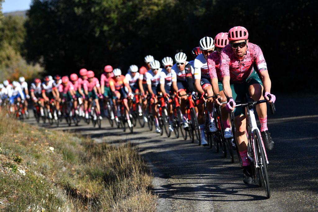BESSGES FRANCE FEBRUARY 04 Lukasz Wisniowski of Poland and Team EF Education Easypost leads the peloton during the 52nd toile De Bessges Tour Du Gard 2022 Stage 3 a 155km stage from Bessges to Bessges EtoiledeBesseges EDB2022 on February 04 2022 in Bessges France Photo by Luc ClaessenGetty Images