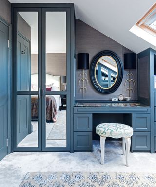 blue bedroom with storage wardrobes and desk