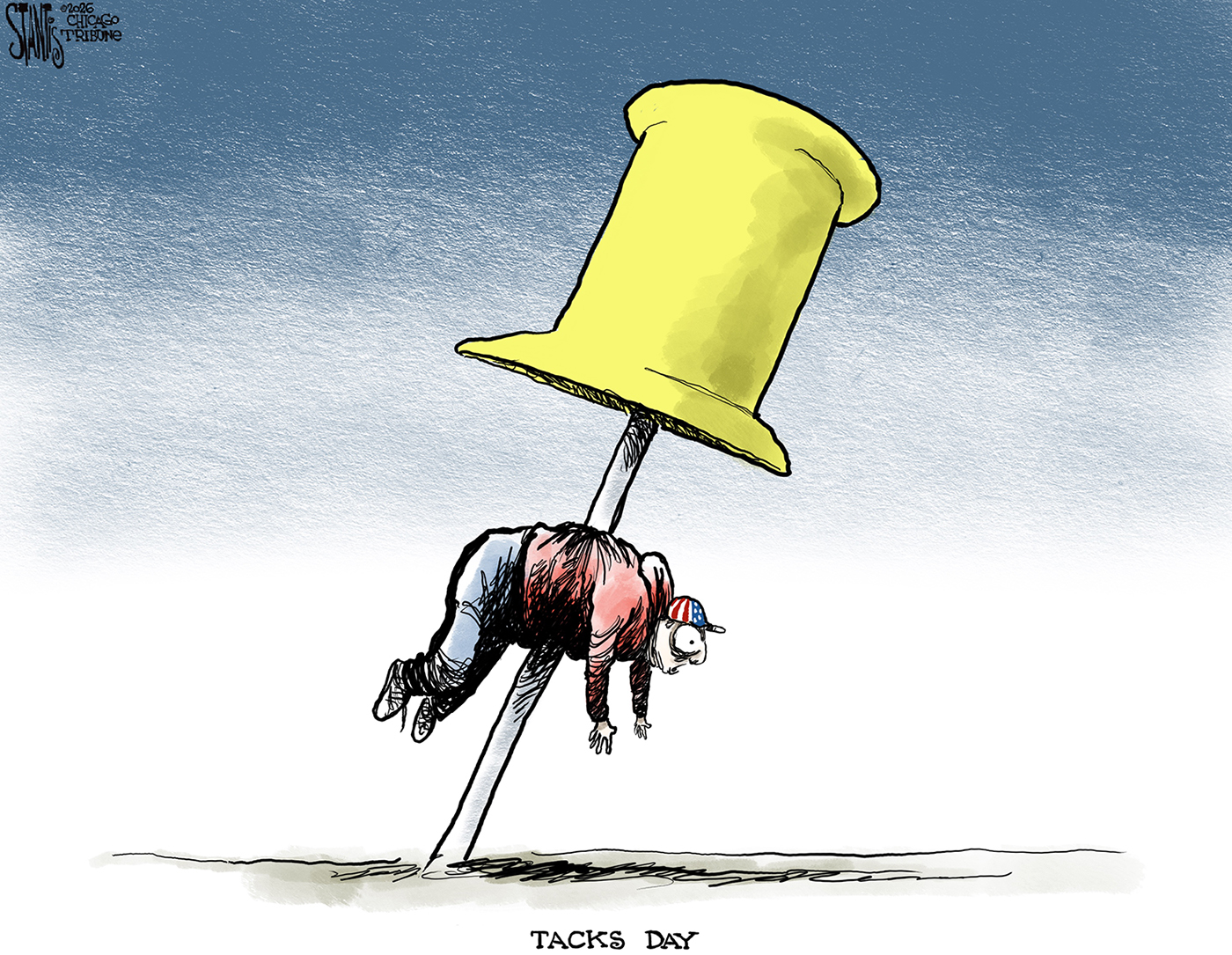 This cartoon depicts a man in an American flag hat impaled by a giant tack. It&amp;rsquo;s titled &amp;ldquo;Tacks Day&amp;rdquo;.