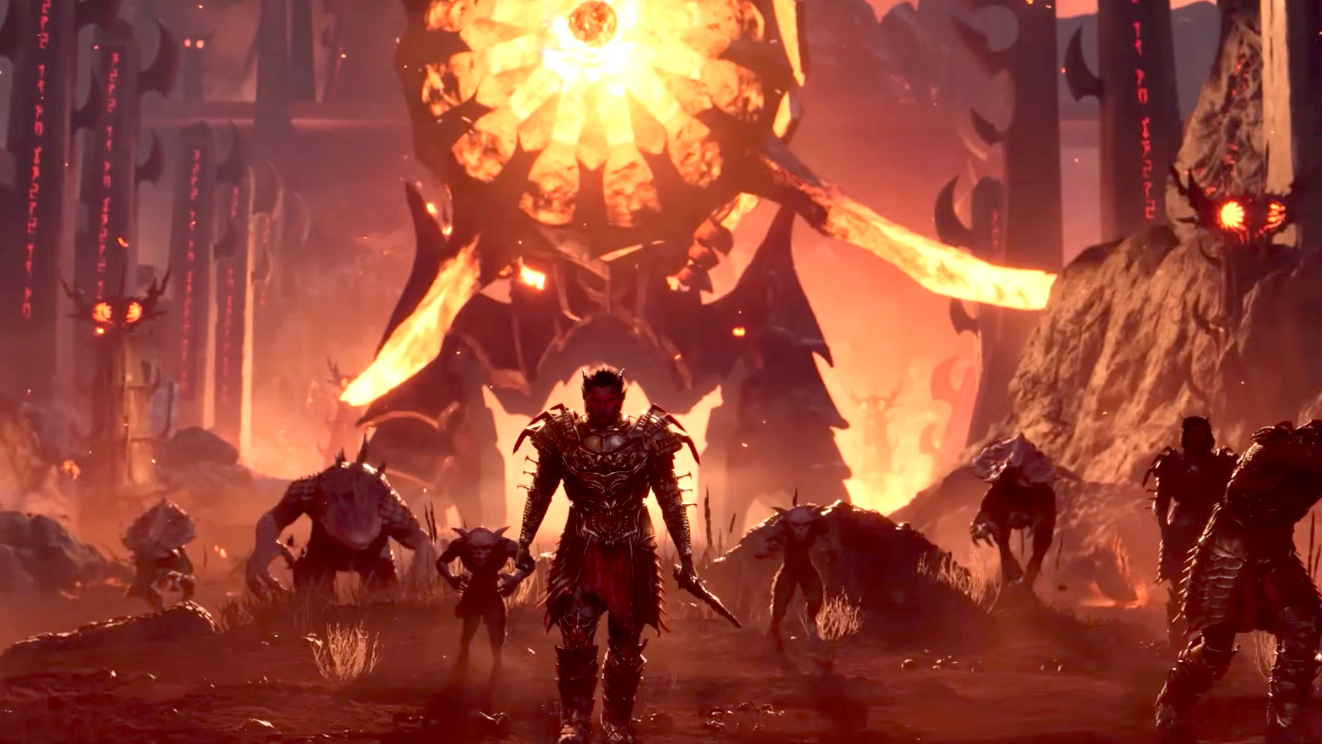 A daedric prince and a bunch of monsters entering through an Oblivion gate during the RPG The Elder Scrolls IV: Oblivion Remastered