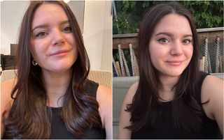 Split image of Brooke Knappenberger headshot softly smiling with black tank top on in an office setting on left side and outside with darker lighting on right side