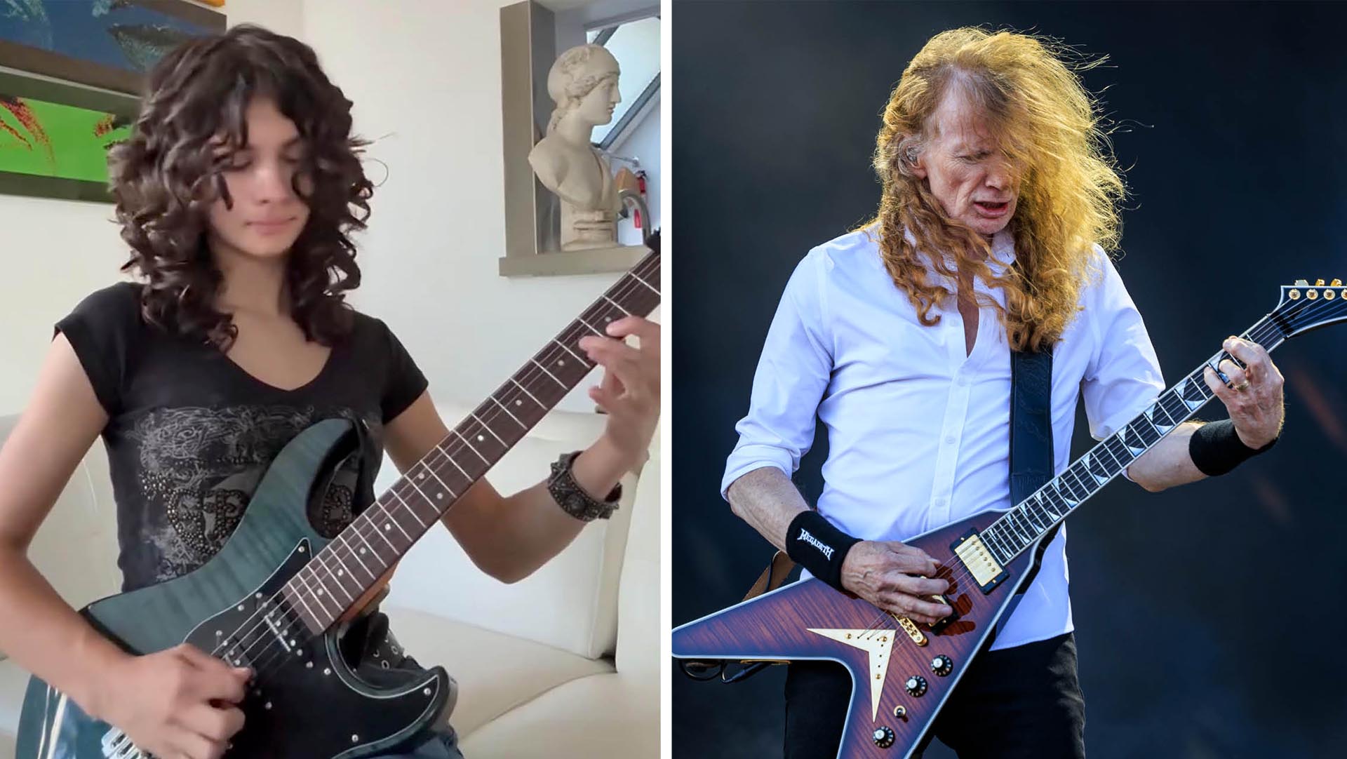 Zia Cyan shreds on Instagram [left]. Megadeth frontman Dave Mustaine riffs onstage at Norway&#039;s Tons Of Rock Festival 2025