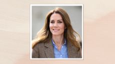 Catherine, Princess of Wales is pictured with glossy bronde hair and wearing a blue shirt and blazer whilst visiting Aros Hall, a local community hub on April 29, 2025 in Tobermory, Scotland/ featured in a cream and peach gradient template