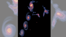 An illustration of the mysterious spiral's history, showing (from bottom to top) its evolution 12,000 years ag, 8,000 years ago, 4,000 years ago, and today.