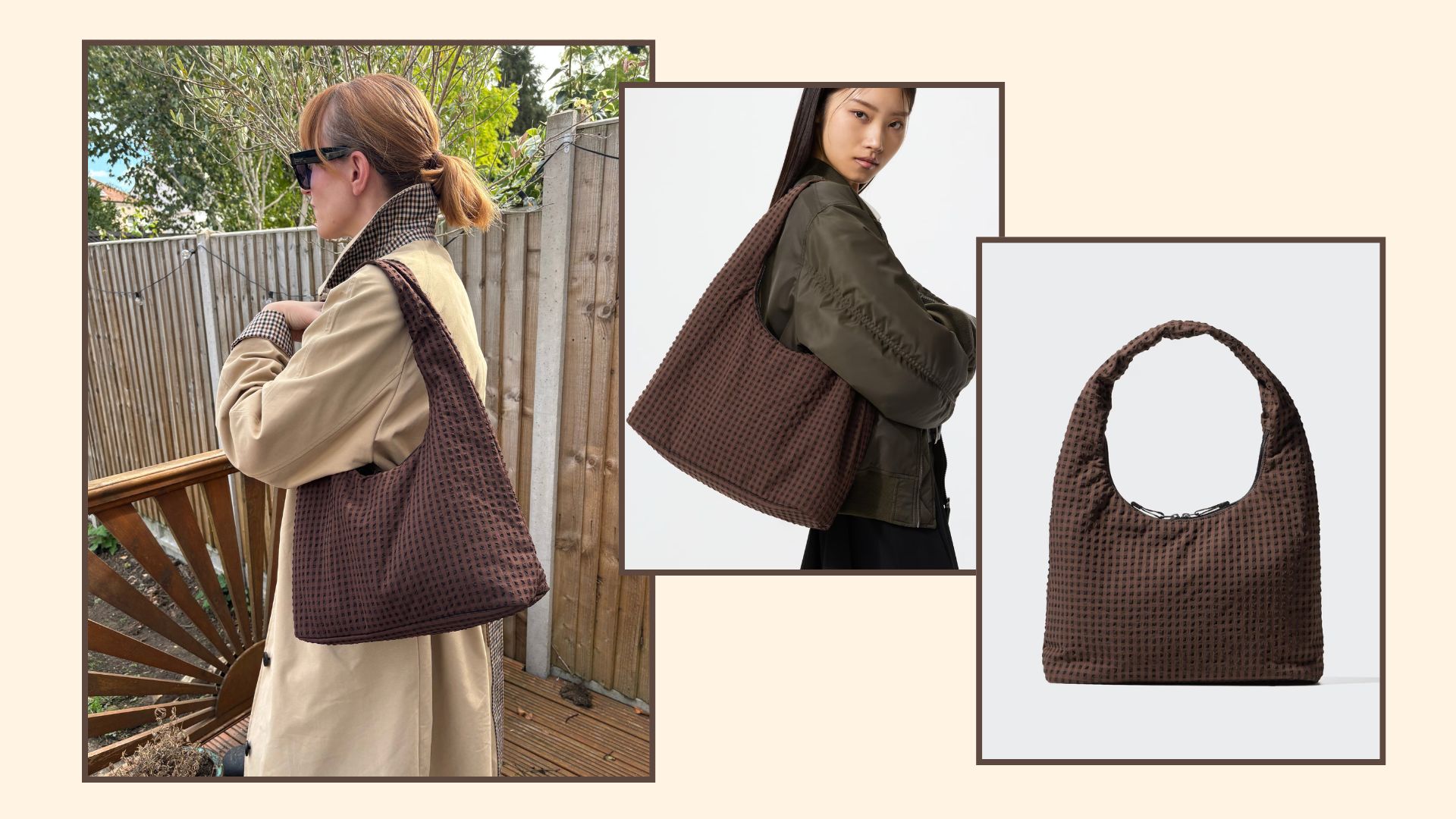 matilda, a model and. still life shot of the uniqlo shoulder bag 