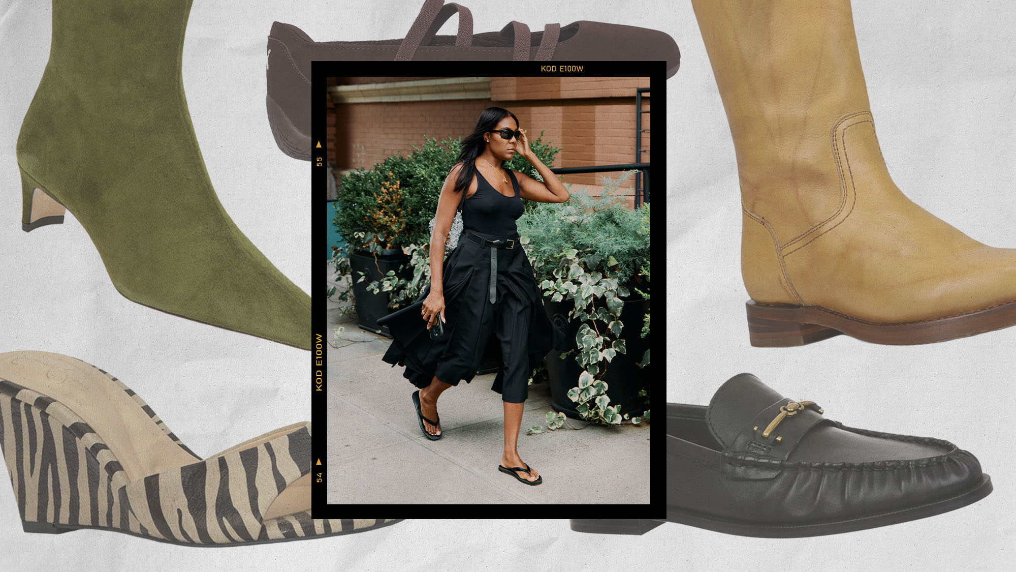 A collage with various shoes as the background and a picture of a woman walking in an all black outfit with flip flops is the center of the image. 