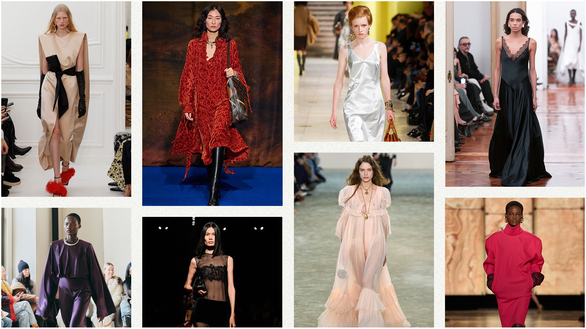 a collage of runway images highlighting the biggest dress trends for fall 2025