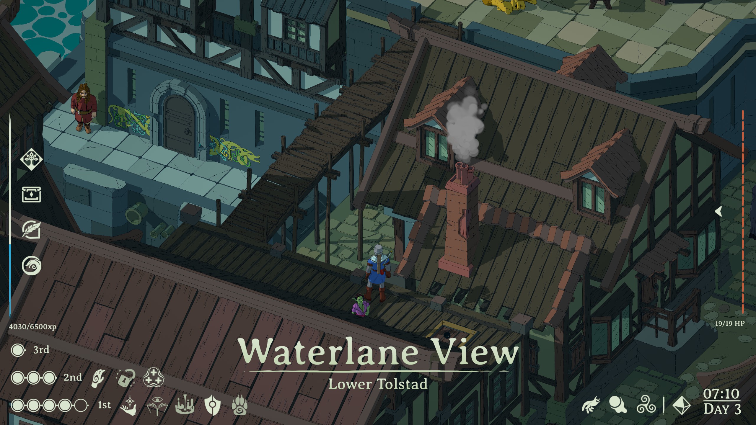 Esoteric Ebb screenshot showing character on roof, title card "Waterlane View, Lower Tolstad"