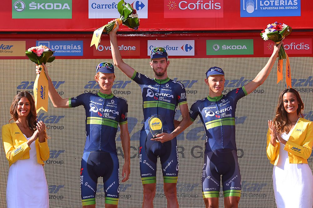 Orica-BikeExchange riders on the Vuelta's stage 7 podium for top team