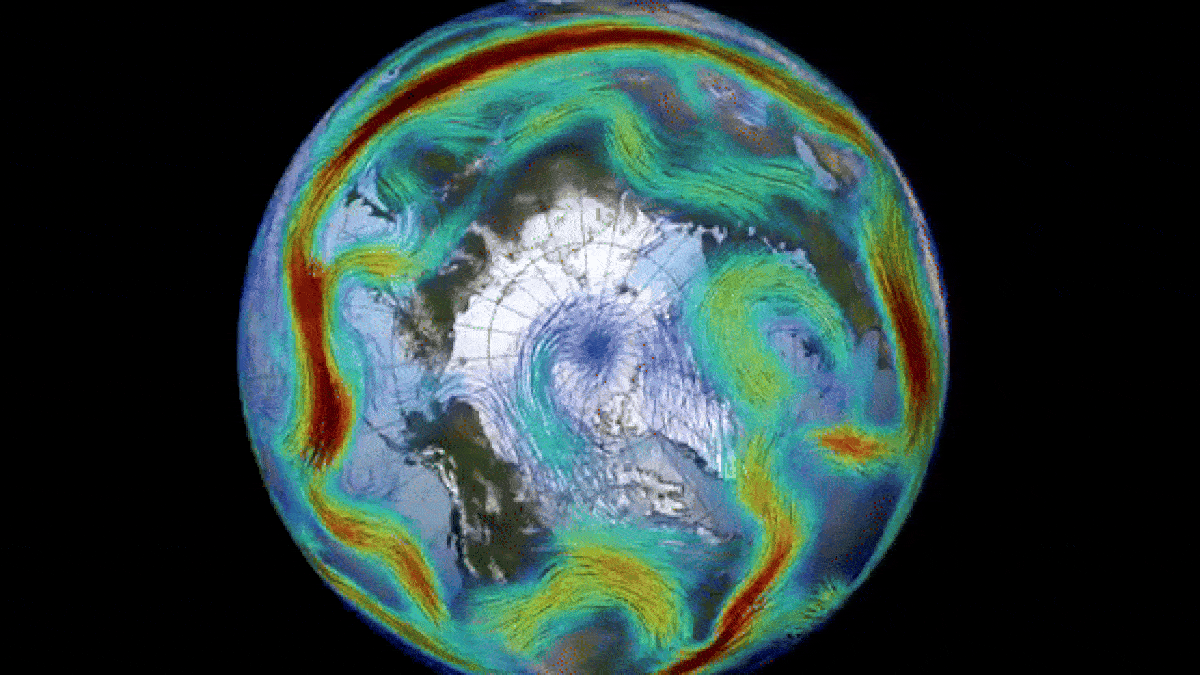 a satellite image of Earth taken from above the arctic, with green swirls moving counterclockwise representing the movement of cold air patterns
