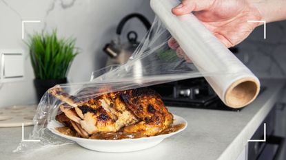 woman preparing cooked chicken to store in the fridge