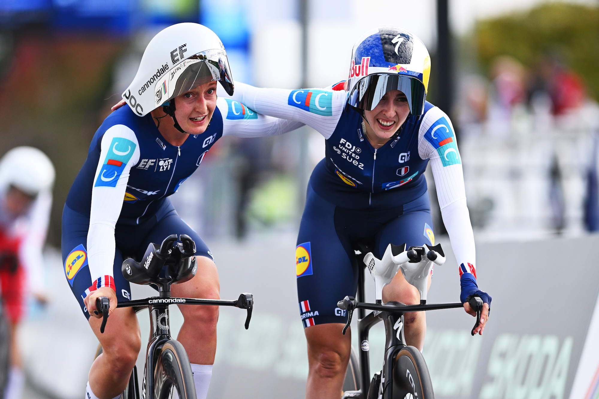 Gold medalists Cedrine Kerbaol and Juliette Berthet and Team France react after the 32nd UEC Road Cycling European Championships 2026