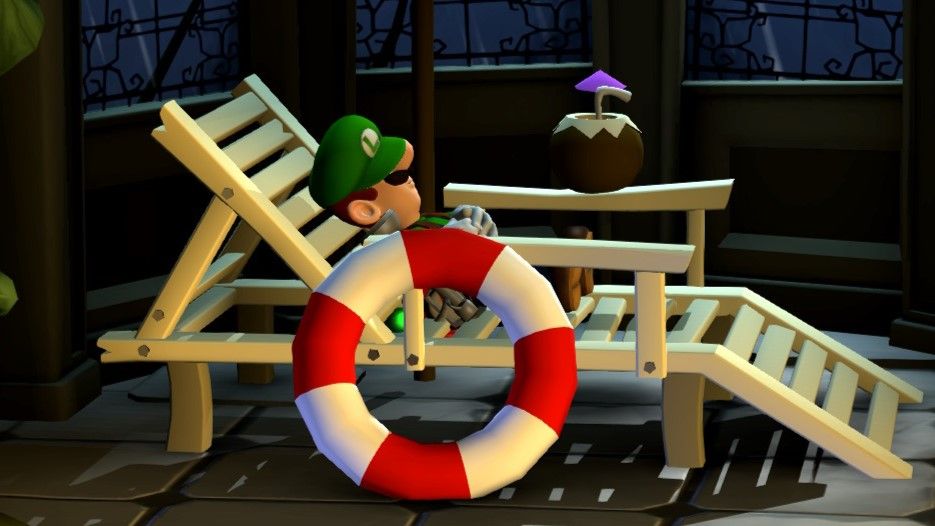 Luigi rests on a beach chair in Luigi&#039;s Mansion 2 HD.