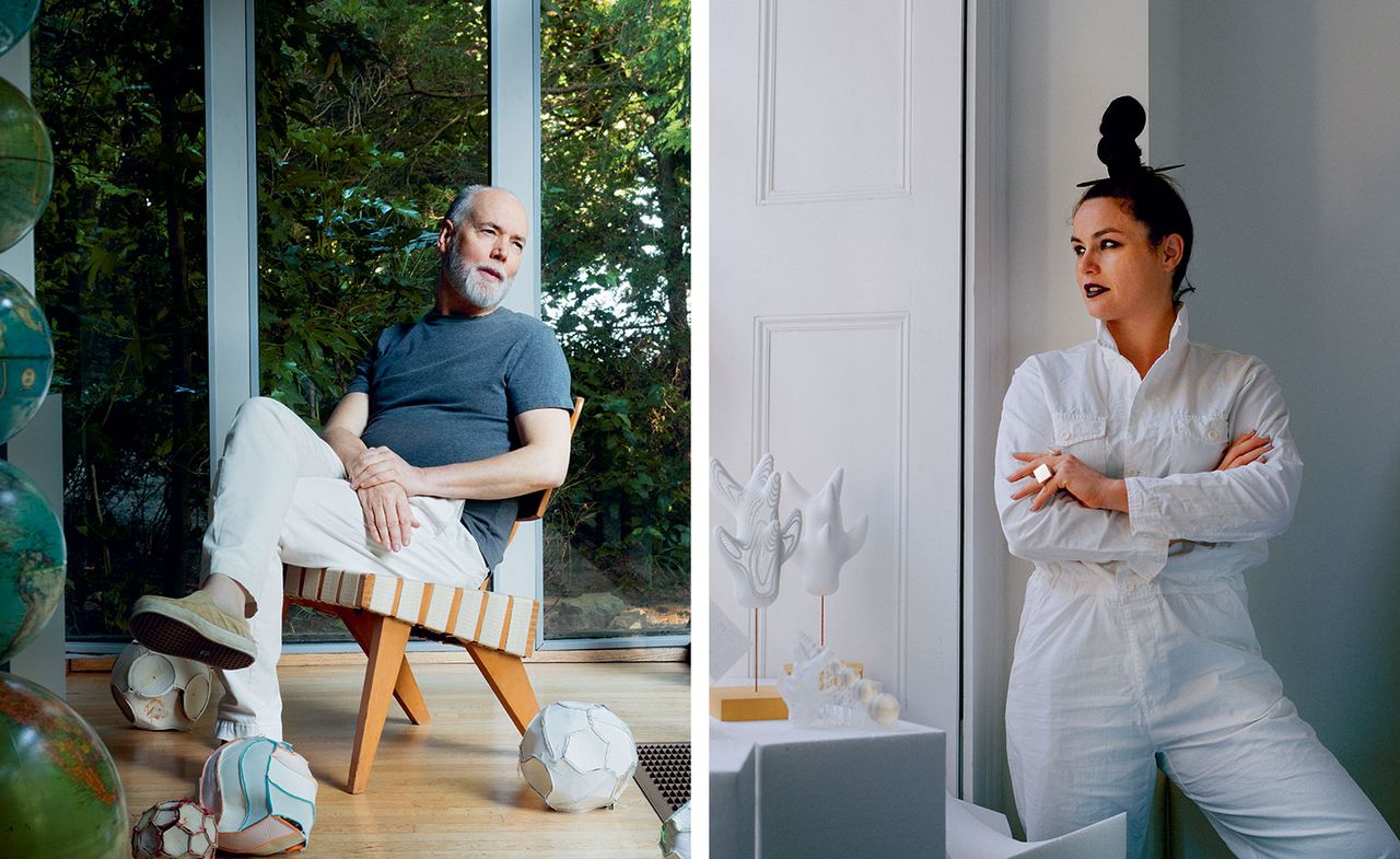 Douglas Coupland sat in a chair; Eva Franch i Gilabert standing. 