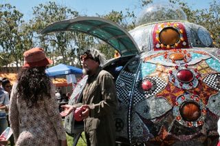 A homemade beaded spaceship on display at Maker Faire Bay Area 2013.