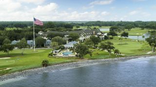 An aerial view of the royal lodge on Sea Island and the surrounding golf courses