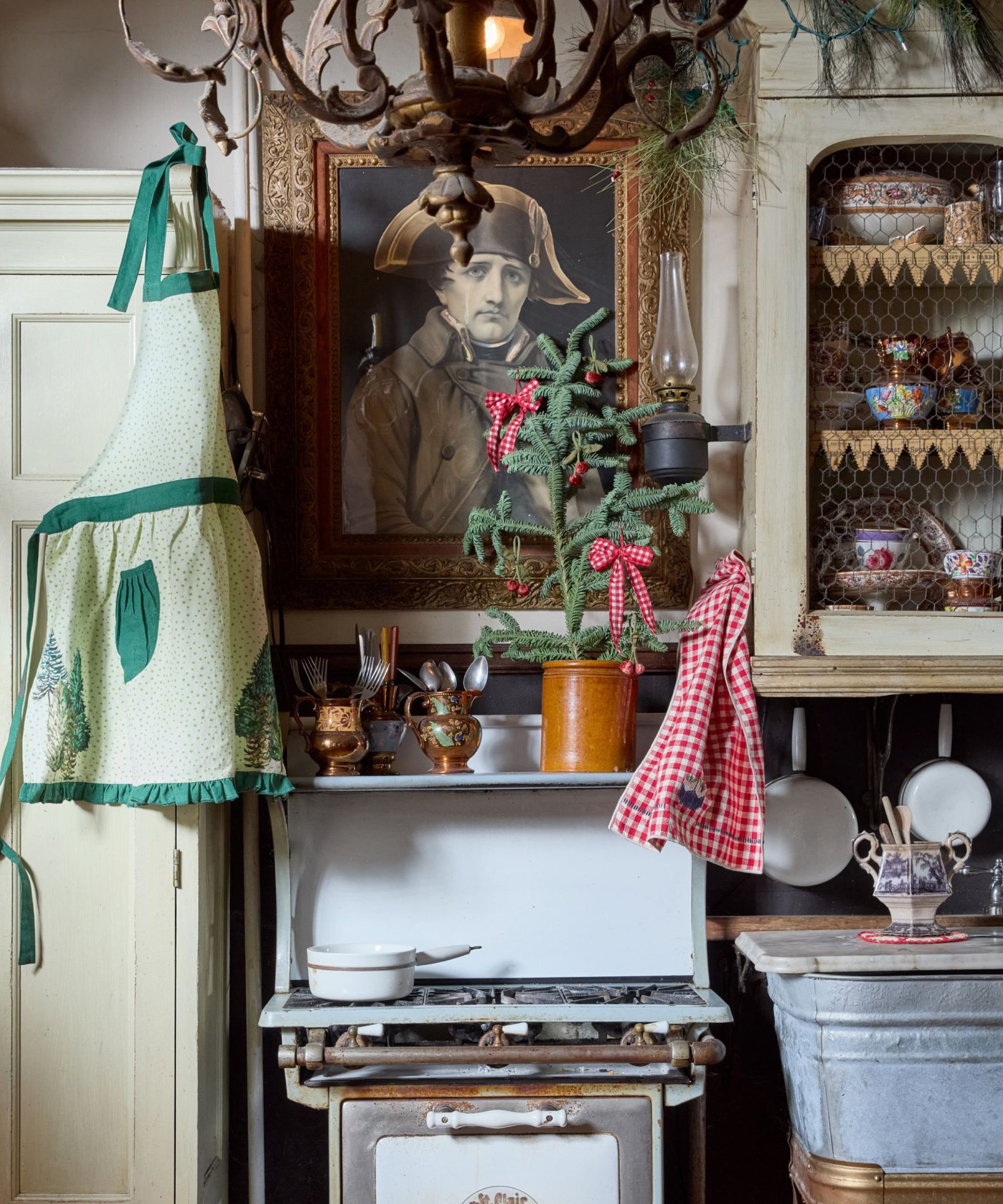 a rustic and vintage-inspired kitchen decorated for Christmas