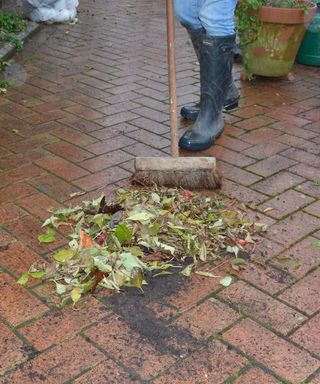sweeping leaves from patio
