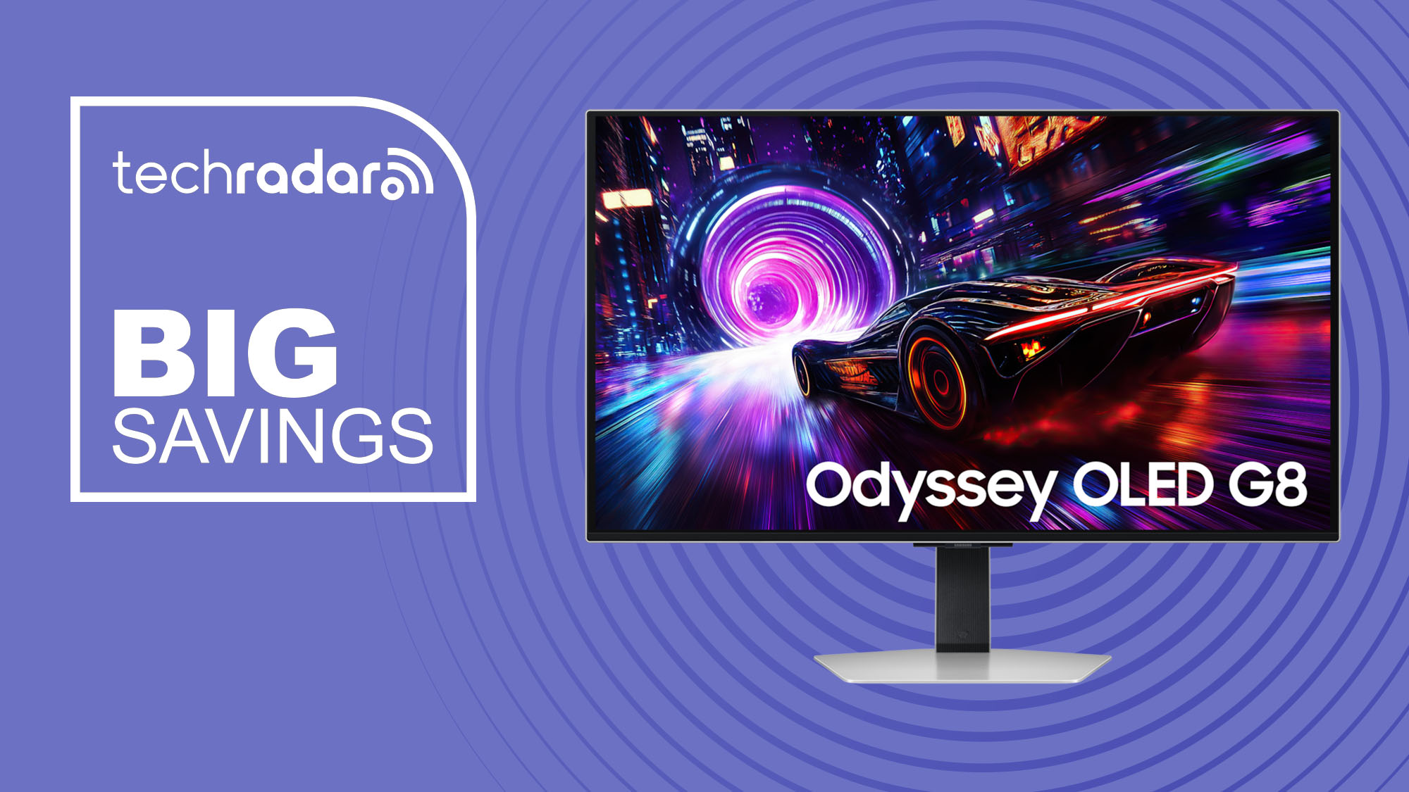 Samsung Odyssey OLED G8 32-inch Gaming Monitor on purple background with TechRadar big savings sign