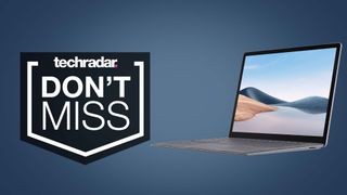 A Microsoft Surface Laptop 4 against a deep blue background and a TechRadar Don't Miss badge