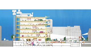 A hand-drawn section of the Pompidou illustrates its different internal functions.