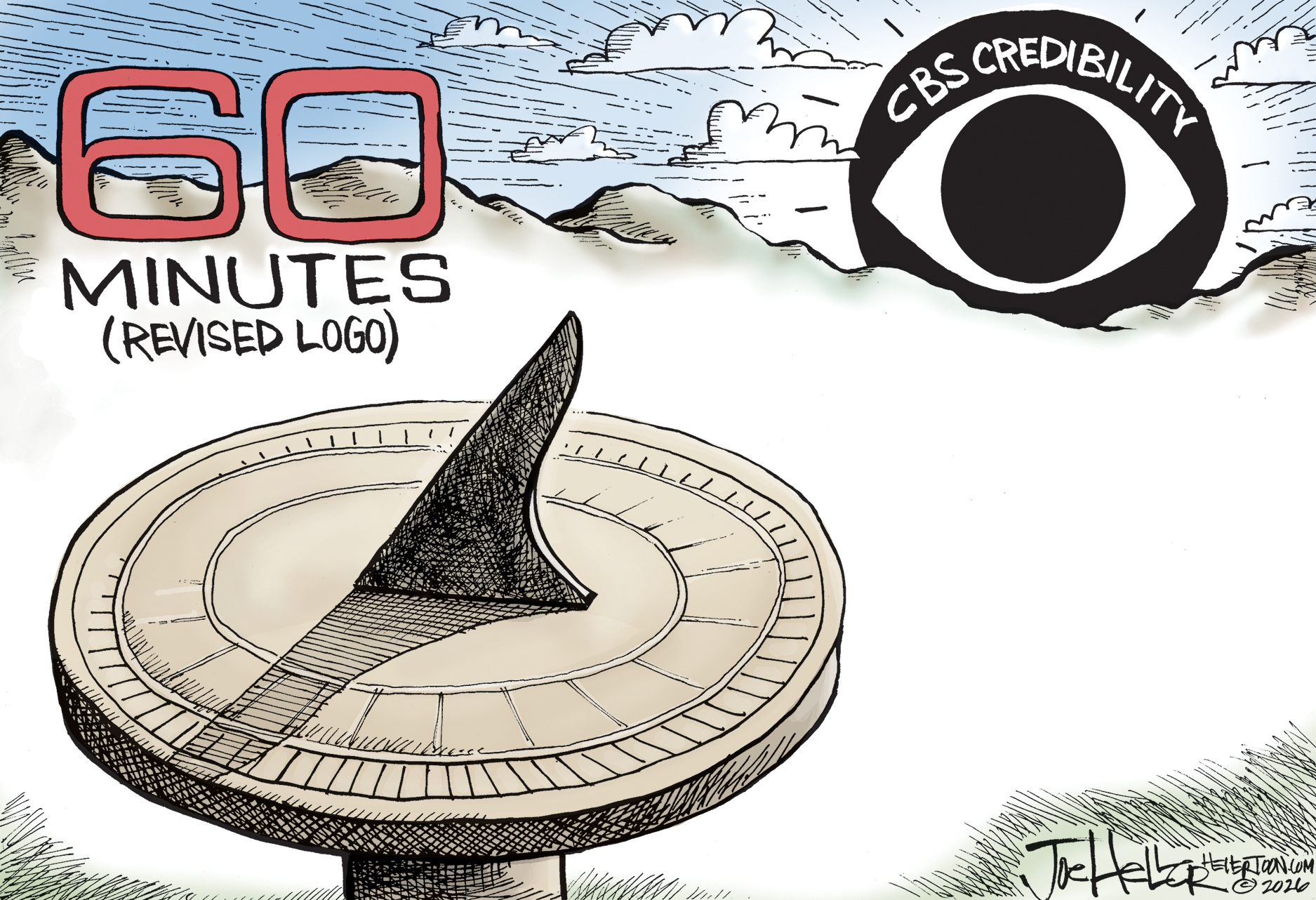 This cartoon is titled &amp;ldquo;60 Minutes (Revised Logo). The CBS logo is depicted as the setting sun with the words &amp;ldquo;CBS Credibility&amp;rdquo; on the side. It&amp;rsquo;s casting a long shadow on a sun dial before it disappears.