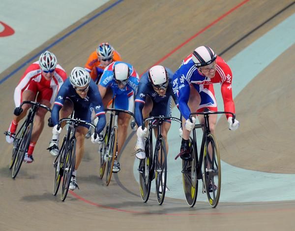 Matthew Crampton (Great Britain) in control of his second round keirin heat.