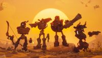 Far Far West early access launch trailer still - four robot cowboys standing in front of a setting sun