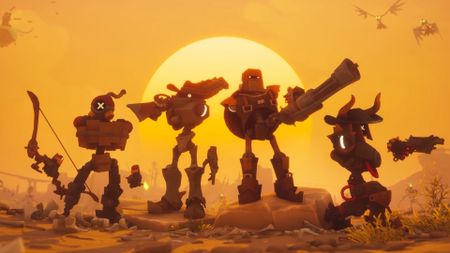 Far Far West early access launch trailer still - four robot cowboys standing in front of a setting sun