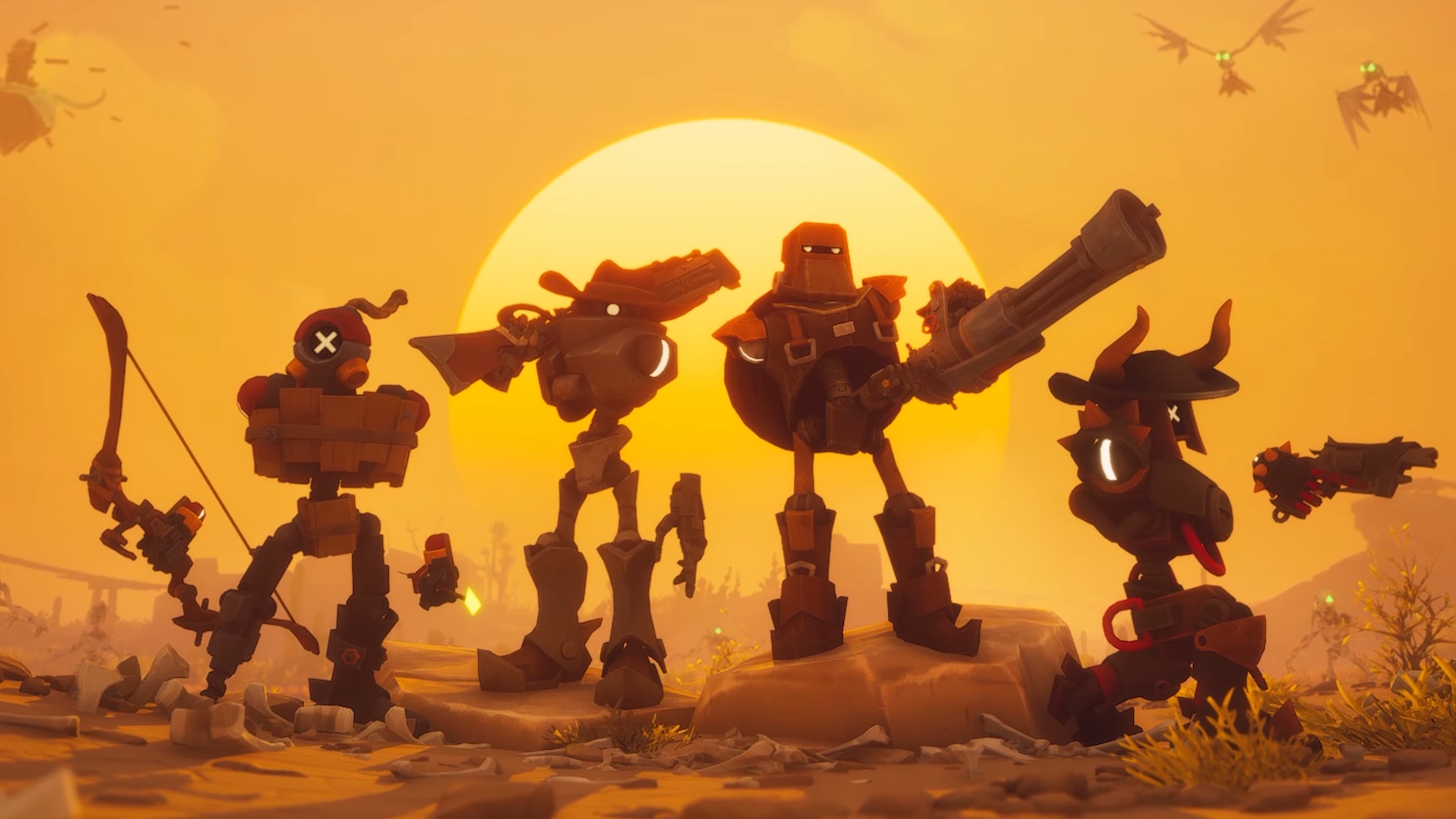 Far Far West early access launch trailer still - four robot cowboys standing in front of a setting sun
