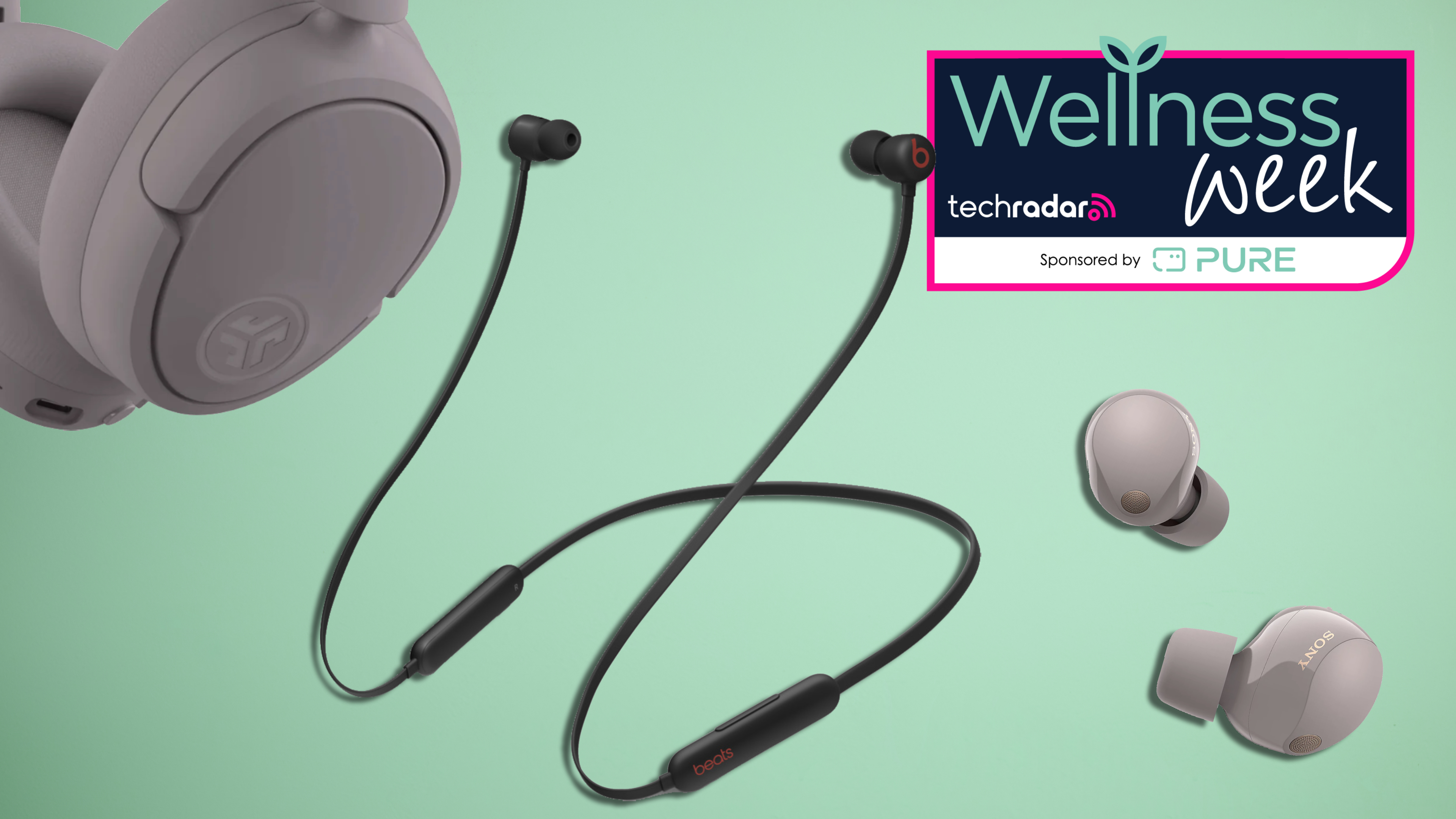 A selection of earbuds and headphones with TR&#039;s Wellness Week sponsored by Pure badge, on mint green background