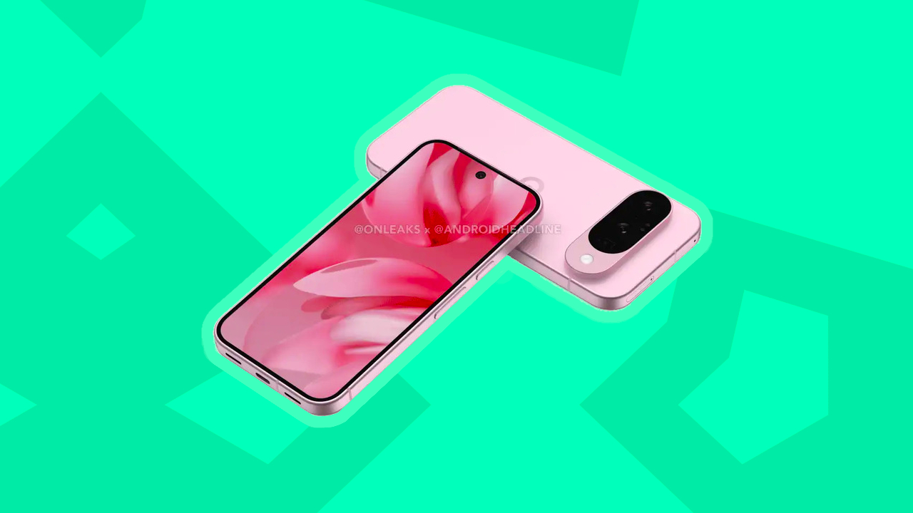 3D render of the Google Pixel 10 in pink based on leaked information and rumors, placed on a mint background with geometric patterns.