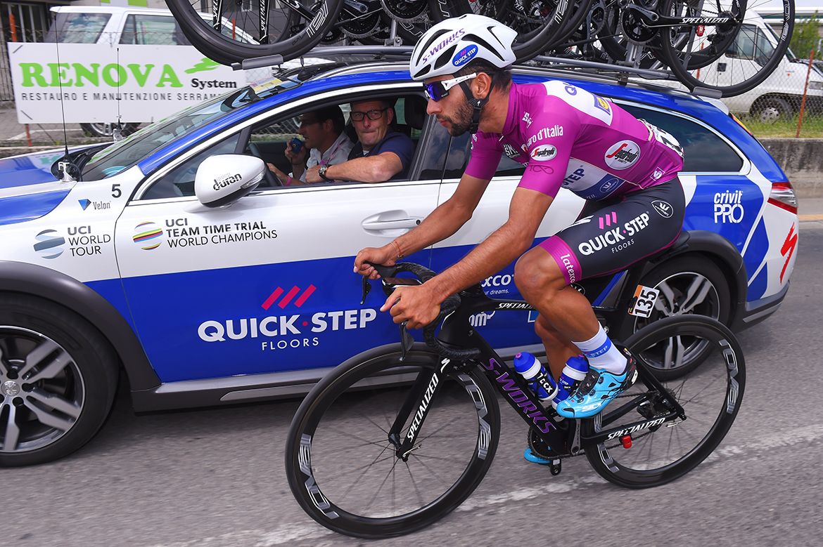 Fernando Gaviria back with the team car on stage 13 of the Giro d'Italia