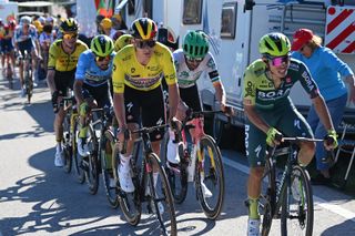 ALTO DO MALHAO, PORTUGAL - FEBRUARY 18: (L-R) Sepp Kuss of The United States and Team Visma | Lease a Bike, Daniel Felipe Martinez of Colombia and Team BORA - hansgrohe - Blue Mountain Jersey, Remco Evenepoel of Belgium and Team Soudal - Quick Step - Yellow leader jersey, Ben Healy of Ireland and Team EF Education - EasyPost and Sergio Higuita of Colombia and Team BORA - hansgrohe compete during the 50th Volta ao Algarve em Bicicleta 2024, Stage 5 a 165.8km stage from Faro to Alto do Malhao 514m on February 18, 2024 in Alto do Malhao, Portugal. (Photo by Dario Belingheri/Getty Images)