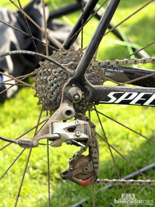 Niki Terpstra's (Omega Pharma-QuickStep) SRAM Red 22 rear derailleur is covered with dust and grime right after winning Paris-Roubaix