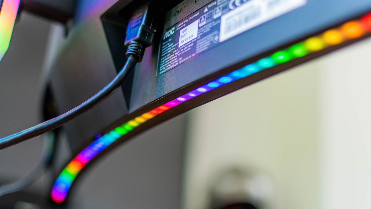 A closeup of the Porsche Design AOC Agon PD27's RGB lighting