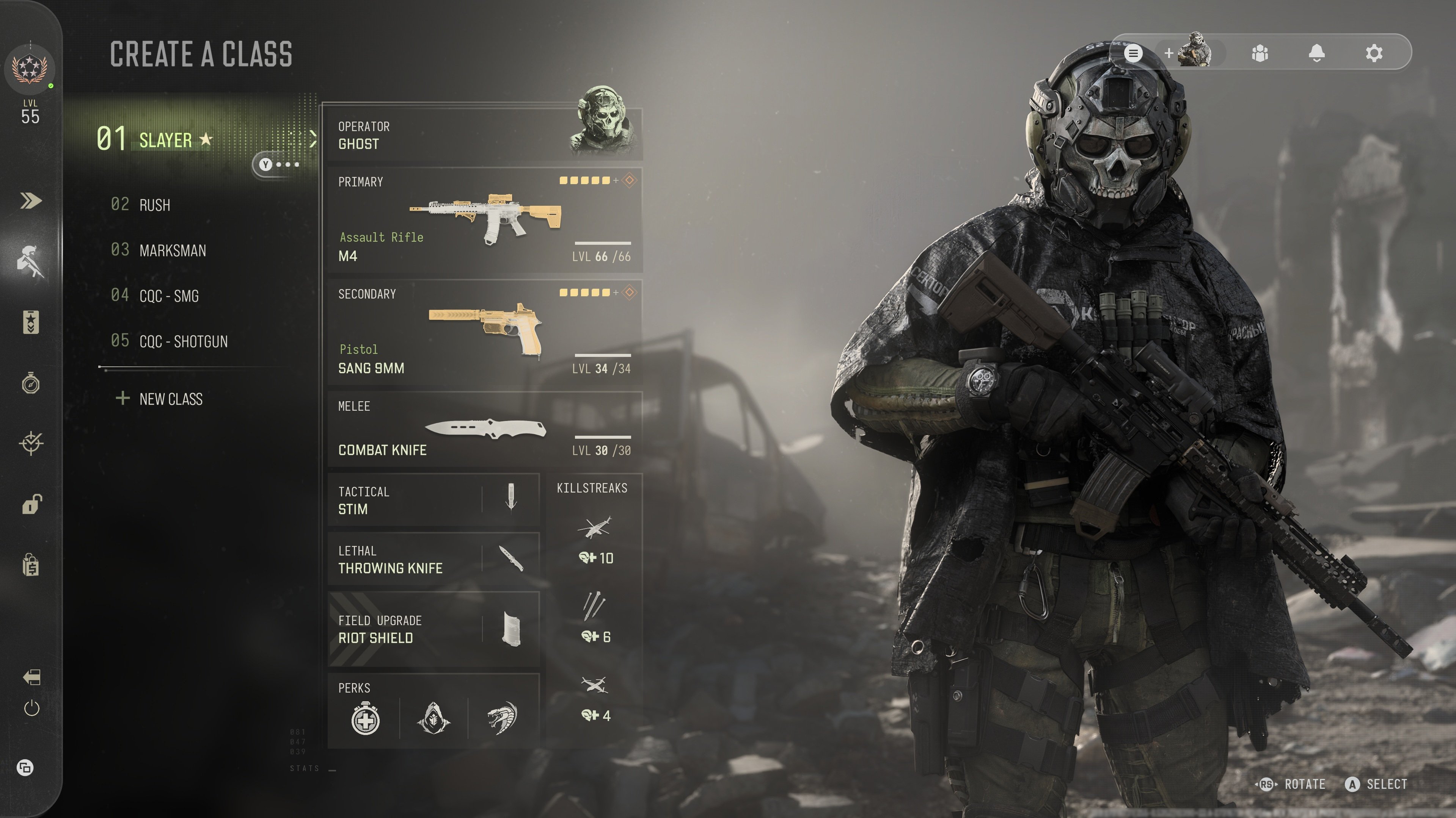 CoD: MW4 Create-a-Class screen showing a custom loadout with Ghost selected as the operator, an M4 assault rifle, sidearm, perks, killstreaks, and equipment, alongside a full character model preview.